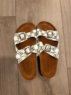 Valentino White Logo-Print Double Buckle Sandals